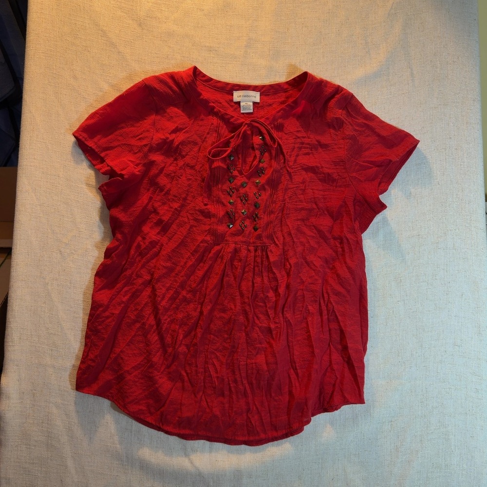 Liz Claiborne Studded Beaded Tie-Neck Blouse Red Women's Size Extra Large